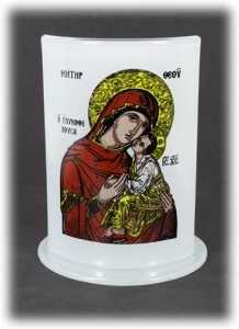 Curved Glass with Decal Icon of the Virgin Mary (Panagia) and Glass Oil Cup