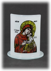 Curved Glass with Decal Icon of the Virgin Mary (Panagia) and Glass Cup for Oil Candle