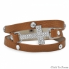 7" - 7.5" Tan Leather Wrap Bracelet with Silver Tone Crystal Cross