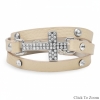 7" - 7.5" Ivory Leather Wrap Bracelet with Silver Tone Crystal Cross