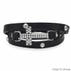 7" - 7.5" Black Leather Wrap Bracelet with Silver Tone Crystal Cross 