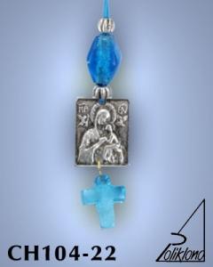 SILVER PLATED HANGING CHARM WITH ICON. SMALL SIZE WITH GLASS CROSS. PANAGIA