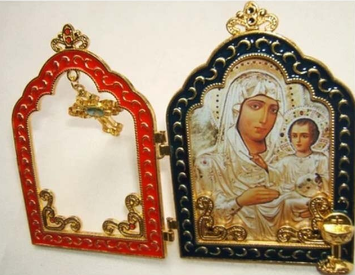 24K Gold Plated Diptych of Panagia of Jerusalem and Hanging Cross ...