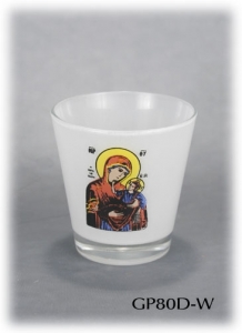 Glass Pot for Oil in White (Frost) with Decal Icon of the Virgin Mary (Panagia)
