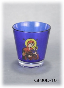 Glass Pot for Oil in Dark Blue with Decal Icon of the Virgin Mary (Panagia)