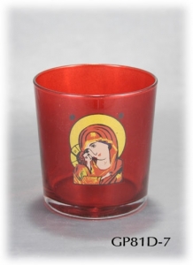 Glass Pot for Oil in Red with Decal Icon of the Virgin Mary (Panagia)