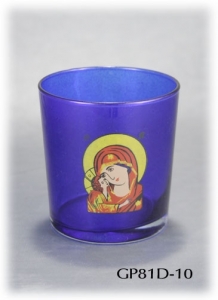 Glass Pot for Oil in Blue with Decal Icon of the Virgin Mary (Panagia)
